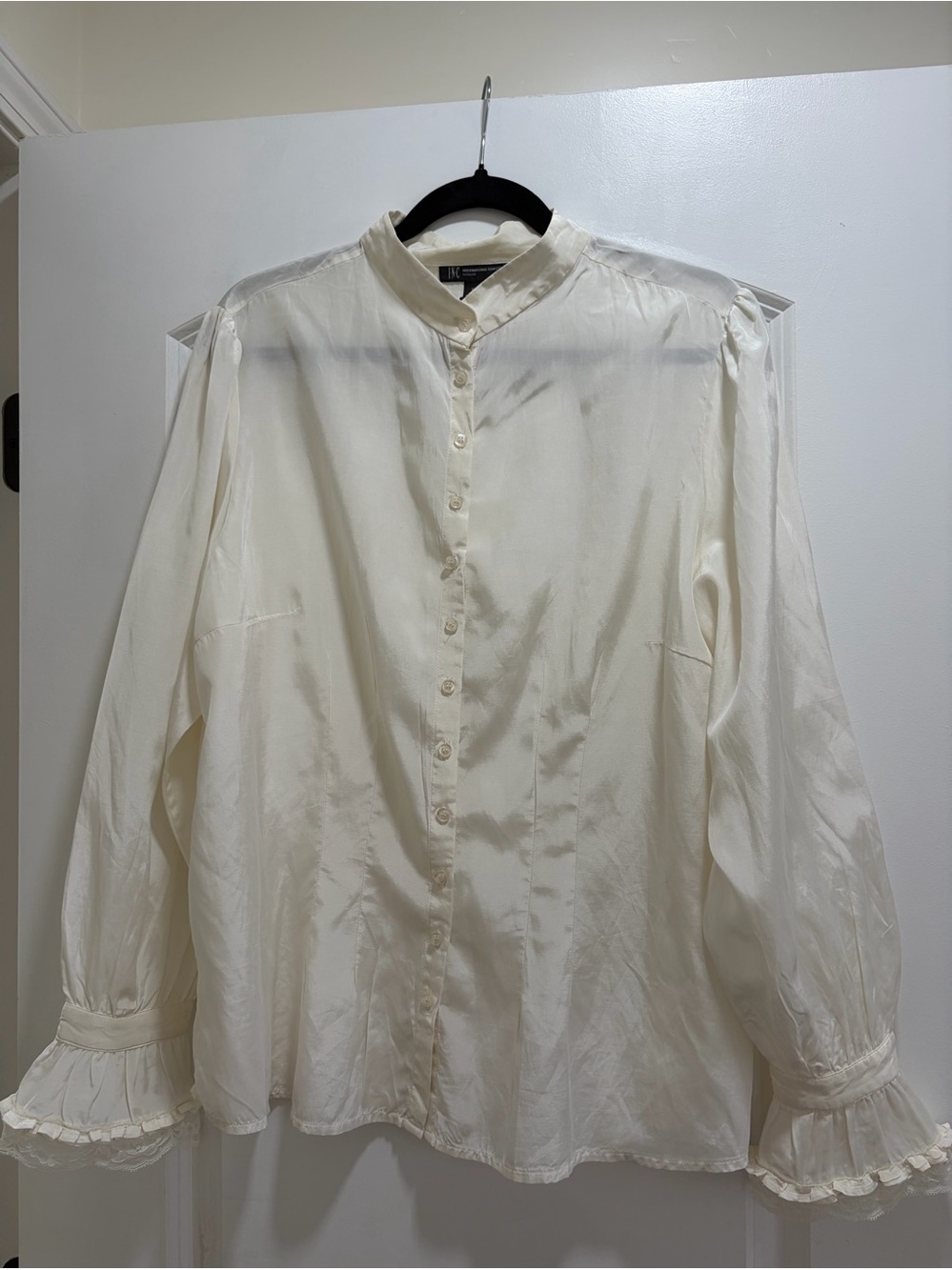 INC International Concepts Silk Cotton Ruffle Cuff Blouse Ivory 16W